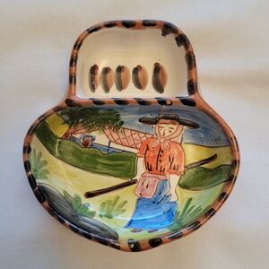 Vintage Hand Painted Olive Dish 2 Section Glazed Portuga Pottery Signed